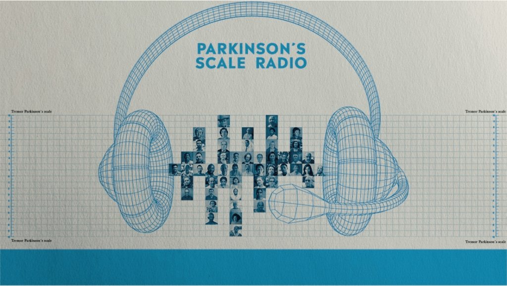 A mesh headphone on the seismic detection chart, with the avatar of patients suffering from Parkinson's in the center of the headphone.